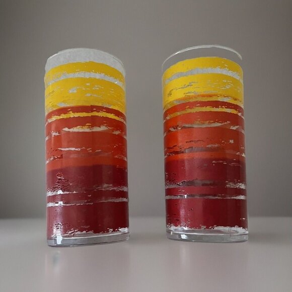 Vintage Set 2 Glasses MCM Collins Highball Stripe Drinking Red Yellow Orange 60s - Picture 1 of 12